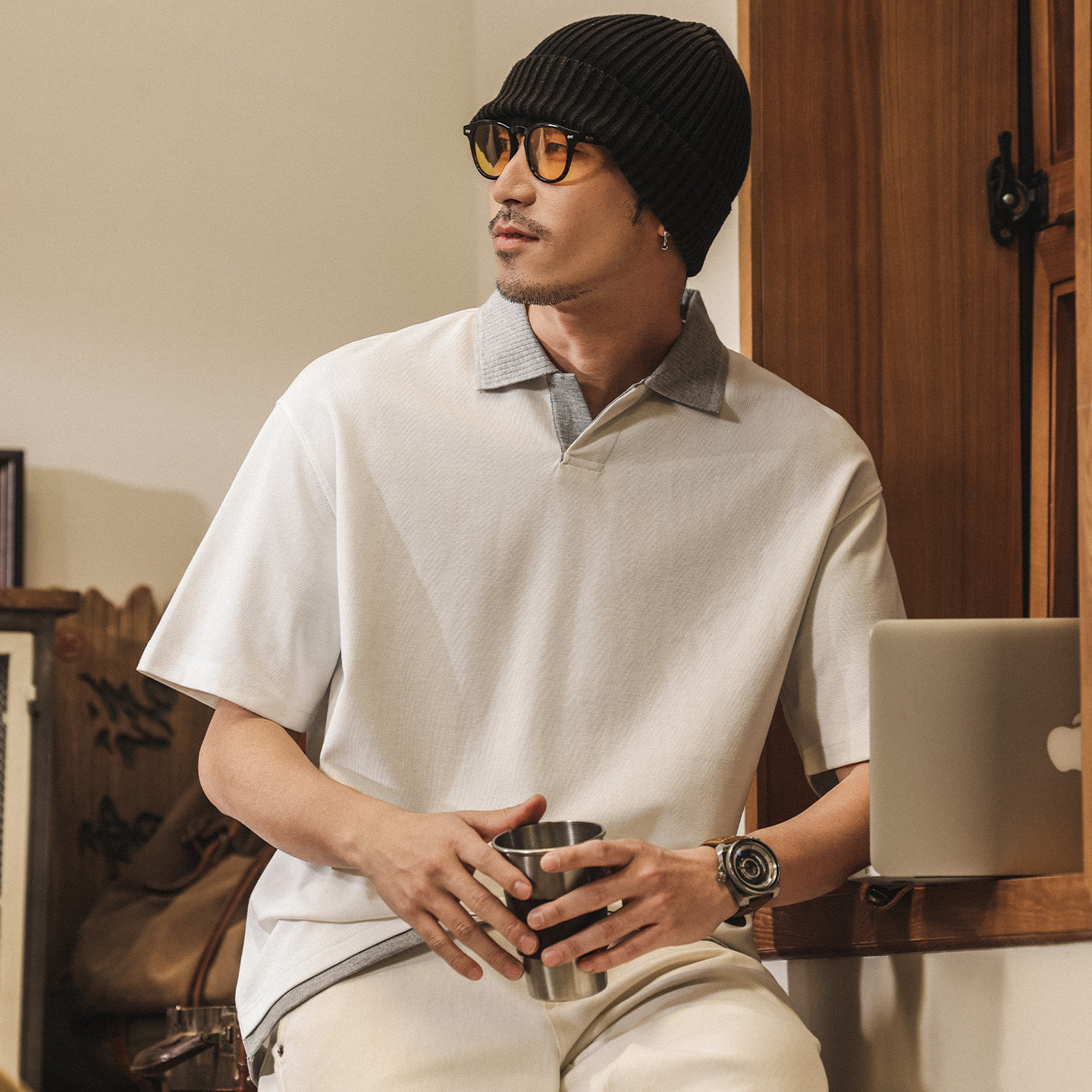 美式復古珠地棉假兩件短袖夏季Polo衫男款寬鬆潮牌T恤男士亨利衫