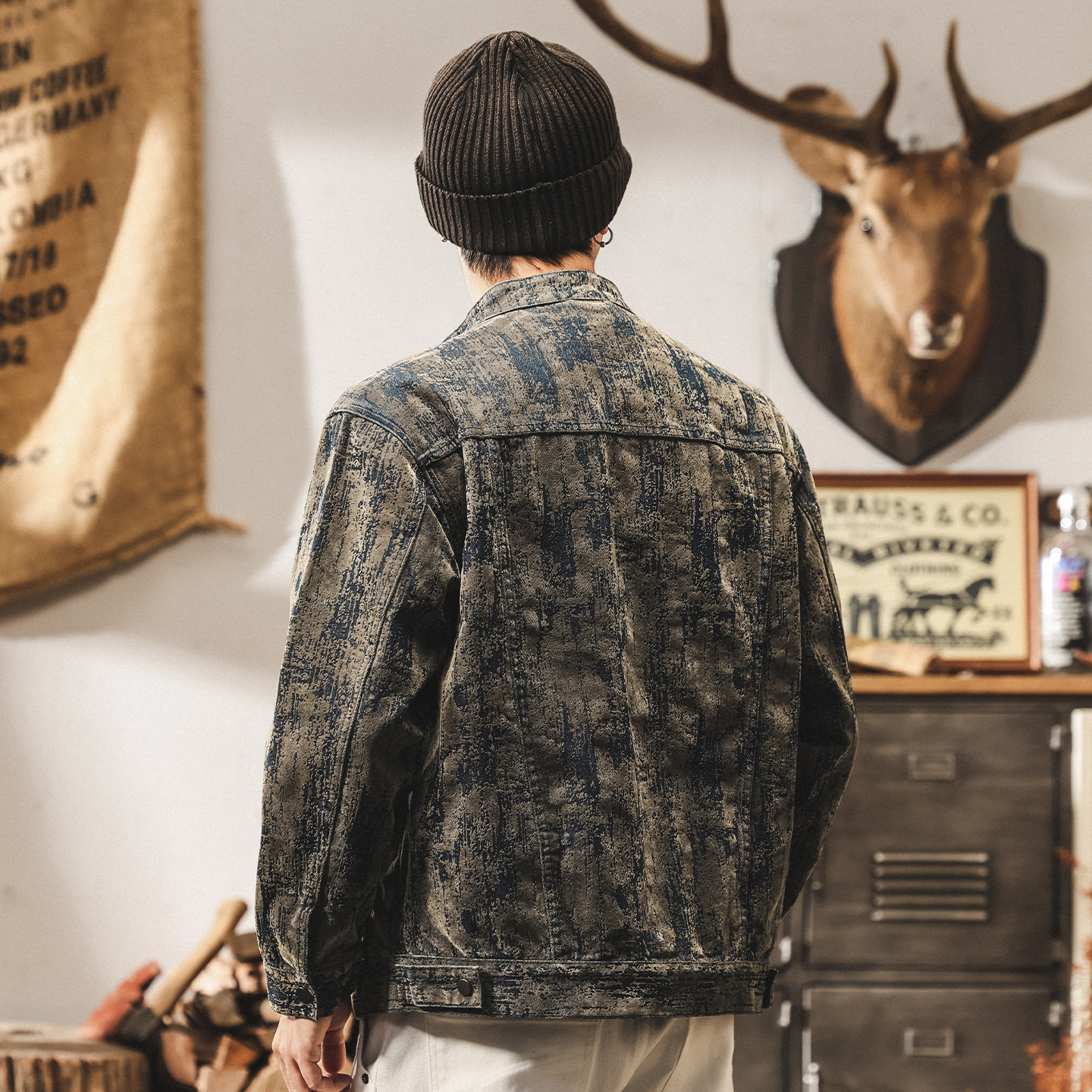 美式復古廢土風植絨牛仔外套男春秋款潮流帥氣寬鬆休閒秋季夾克男