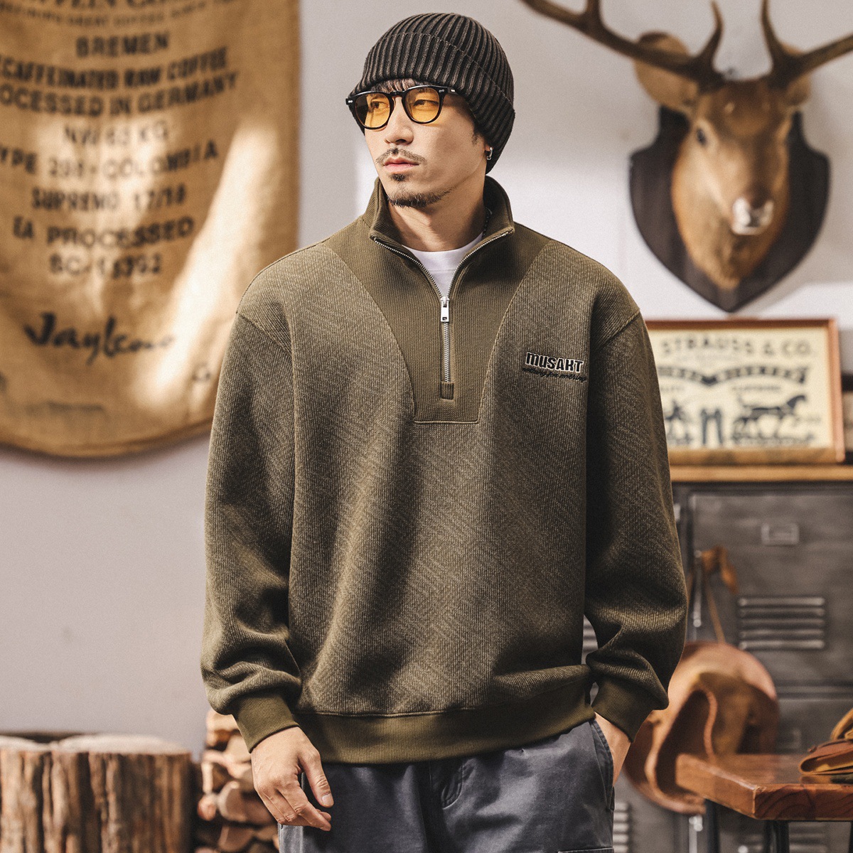 美式復古半拉鍊衛衣男春秋寬鬆400g重磅潮牌外套男秋冬新款上衣男