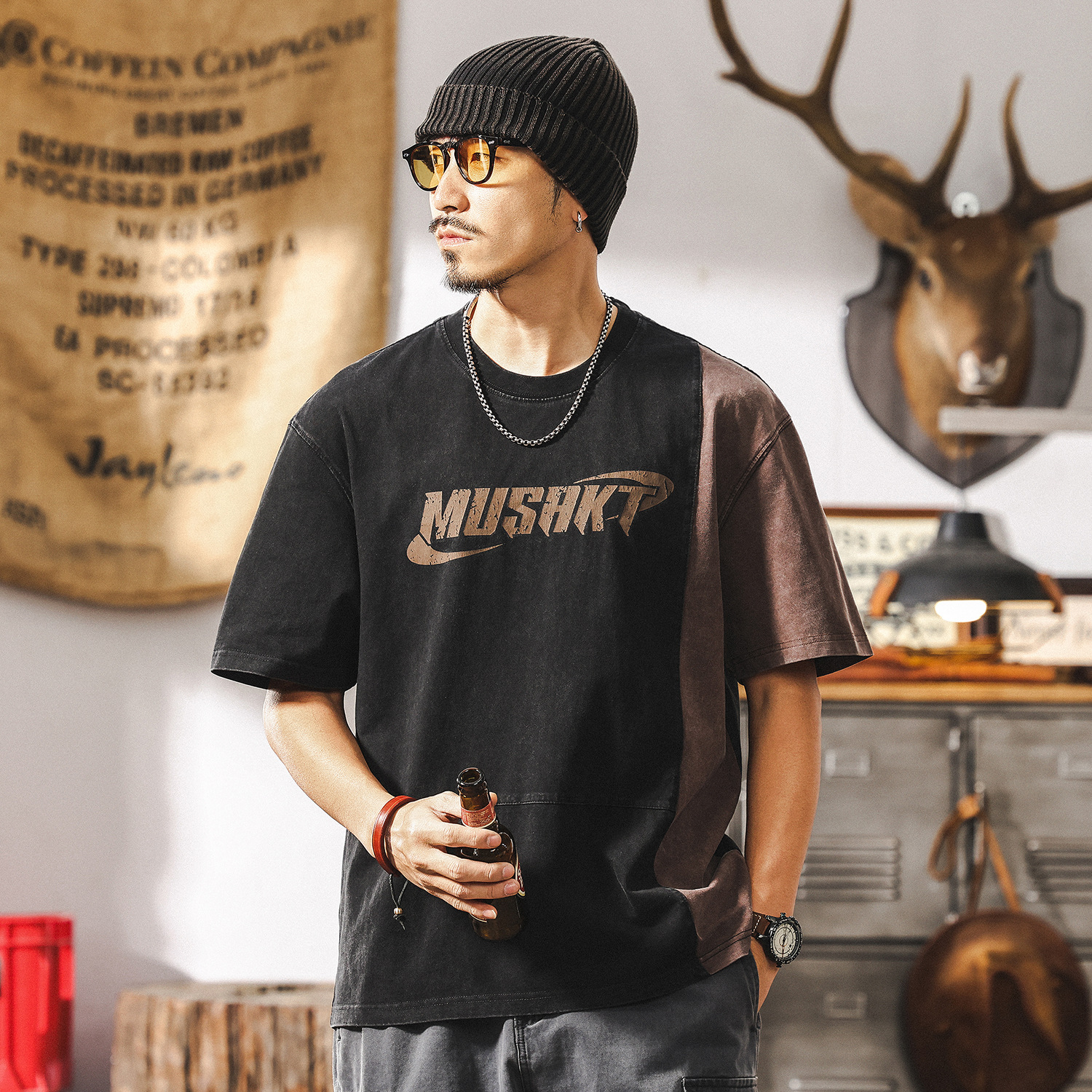 美式復古水洗做舊重磅T恤男短袖2025新款夏季寬鬆撞色半袖上衣男T