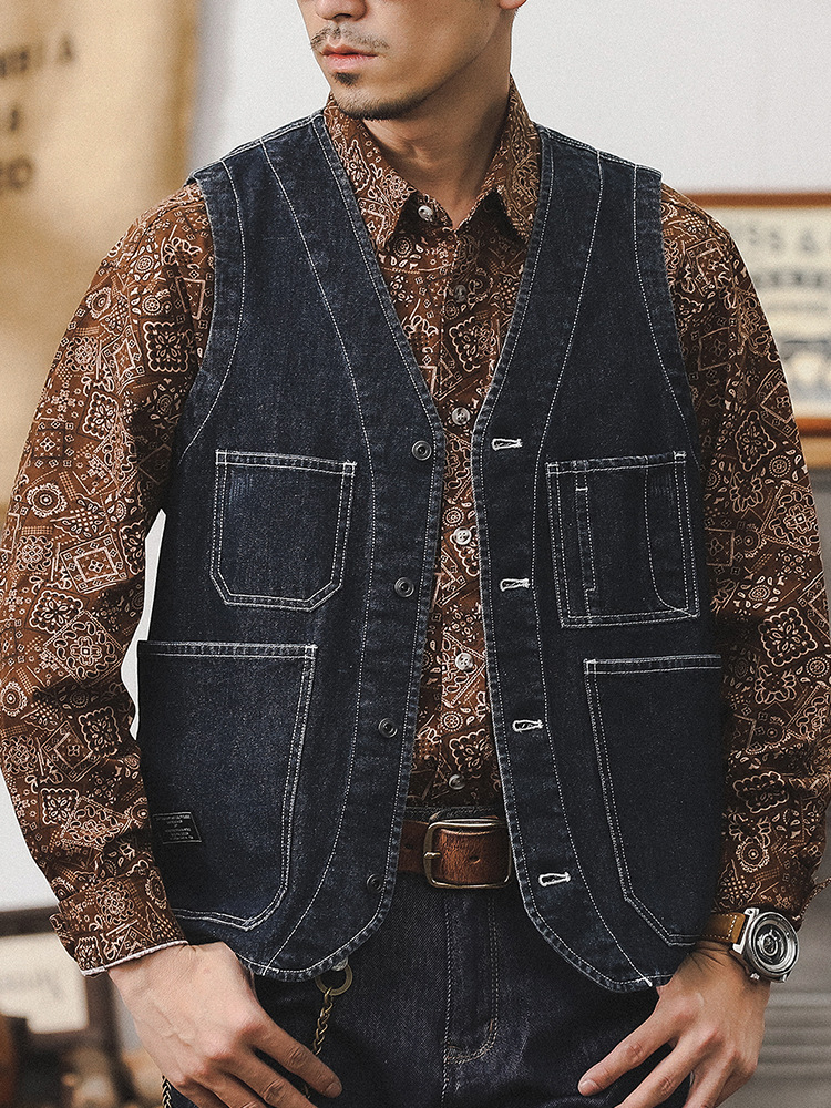 美式復古水洗牛仔馬甲外套男2024新款阿美咔嘰背心男重磅工裝夾克