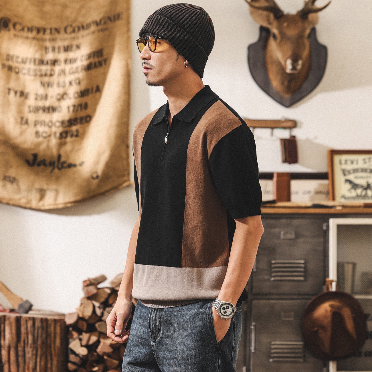 美式復古老錢風針織短袖POLO衫男夏季新款撞色半拉鍊寬鬆男士T恤