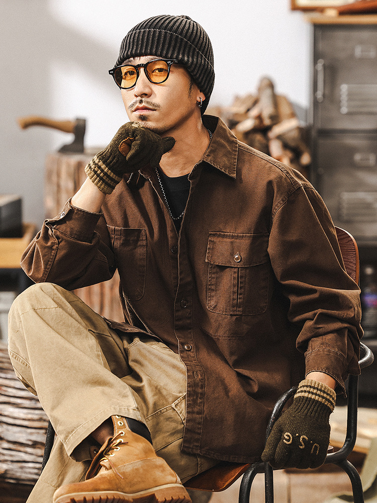 美式復古重磅珠帆工裝襯衫男長袖2025春季新款襯衣夾克男外套