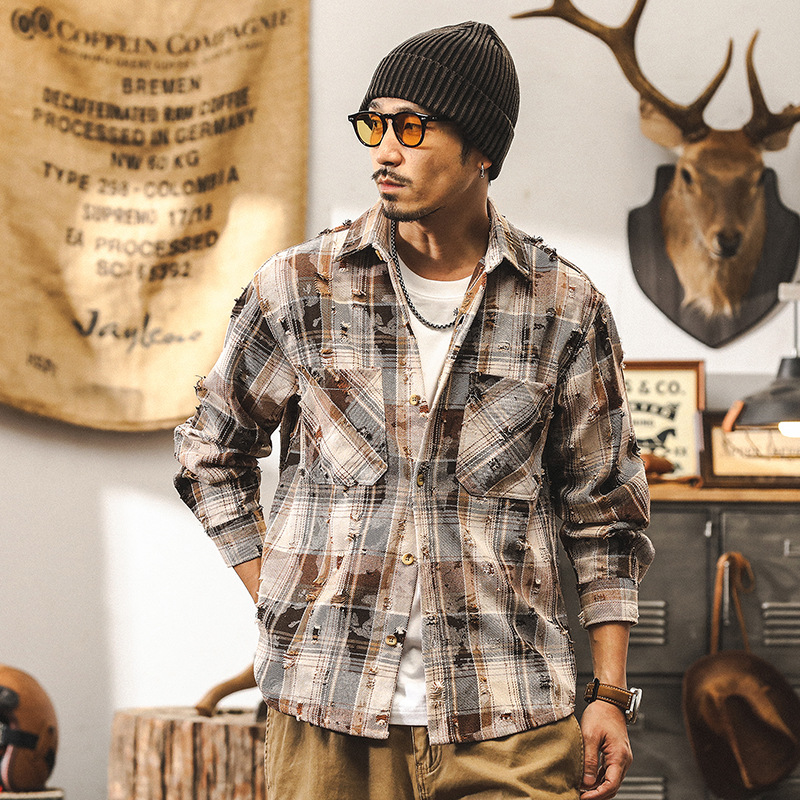 美式復古300g重磅色織格子襯衫男秋季新款痞帥破洞戰損襯衣外套男