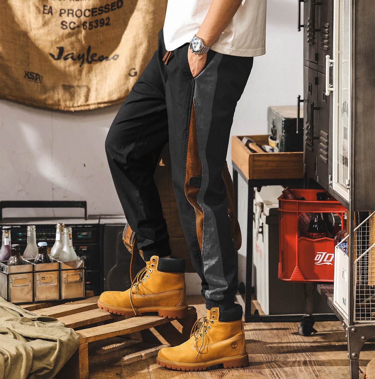 美式復古拼色設計工裝褲子男款夏季潮牌寬鬆直筒卡其色男士休閒褲