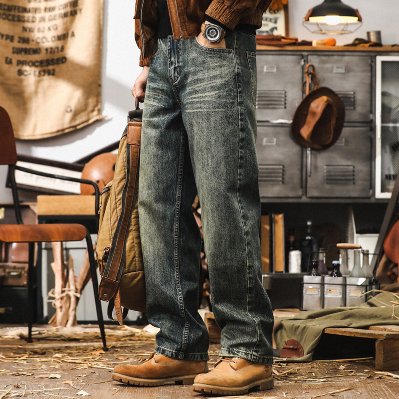 美式重磅復古牛仔褲男款秋季寬鬆直筒休閒褲子男潮流做舊水洗男褲