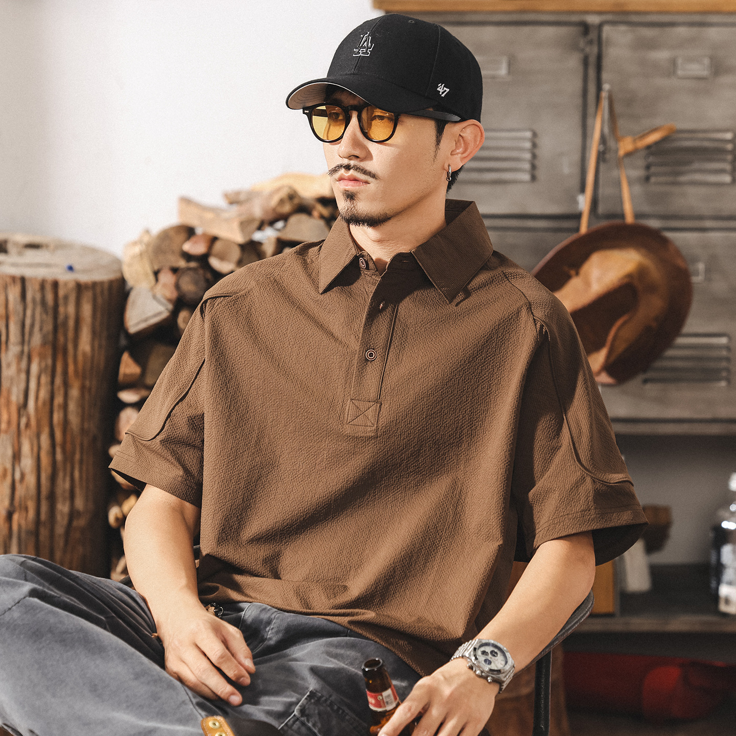 美拉德復古涼感速幹短袖男士Polo衫夏季潮牌高級感泡泡紗寬鬆上衣