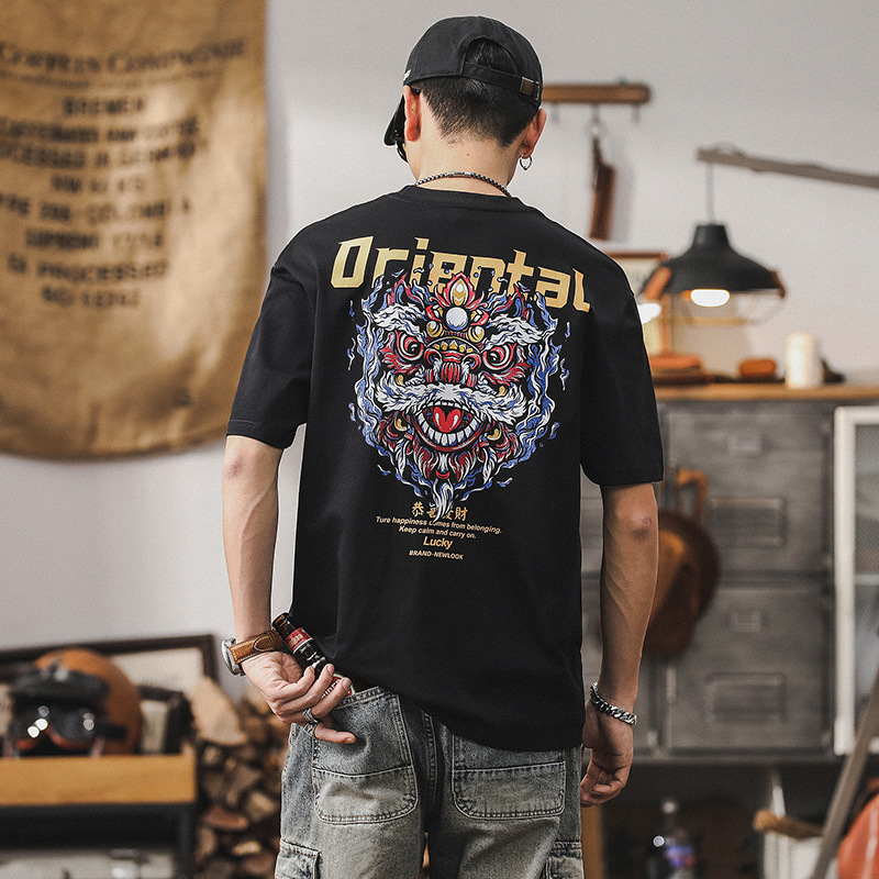 國潮中國風醒獅重磅T恤男夏季短袖男士2024新款潮牌男裝寬鬆上衣