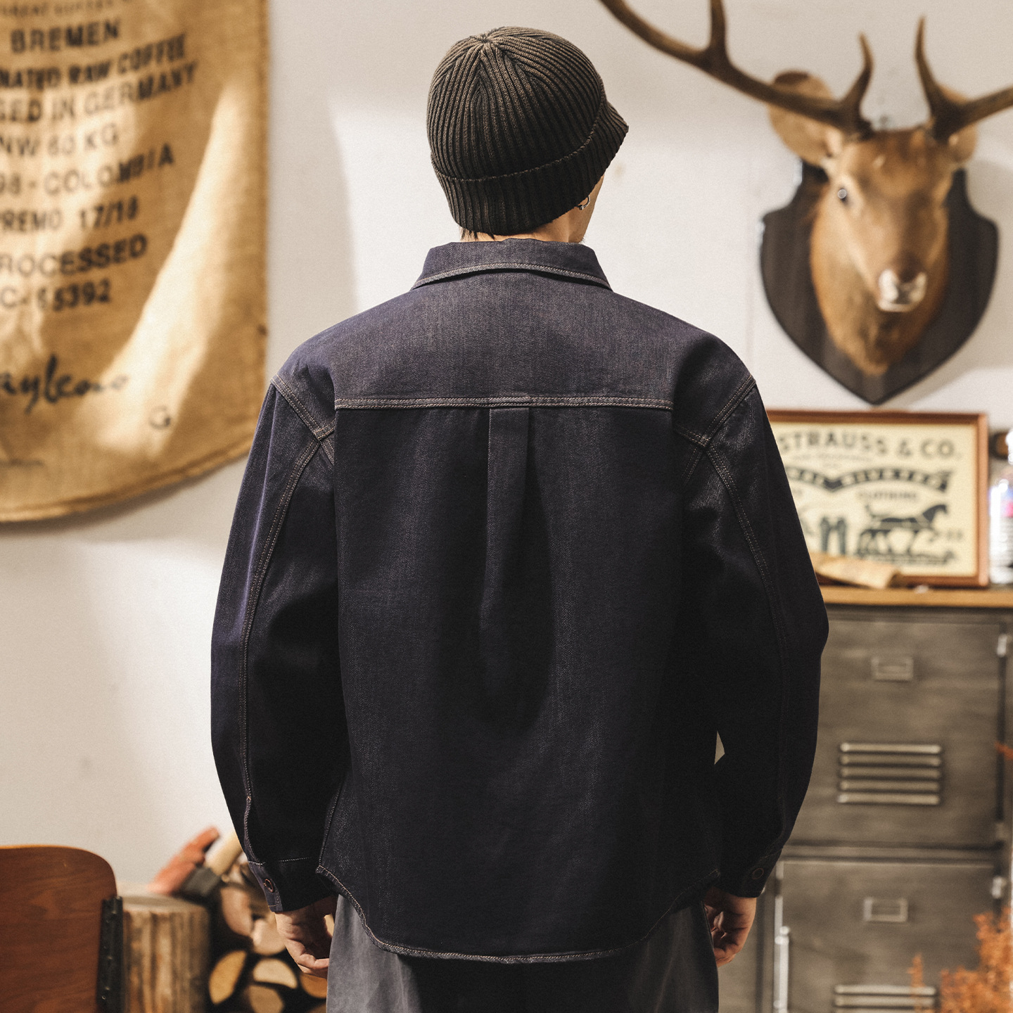 美式復古丹寧水洗牛仔襯衫男春秋2025新款潮流線寬鬆休閒襯衣外套