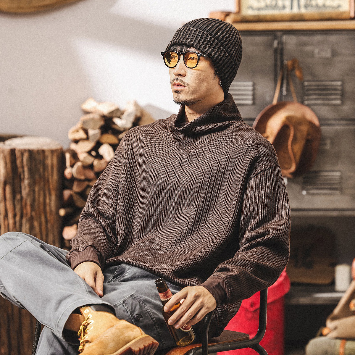 美式復古重磅高領護頸衛衣男春秋潮牌保暖寬鬆打底衫休閒男士上衣