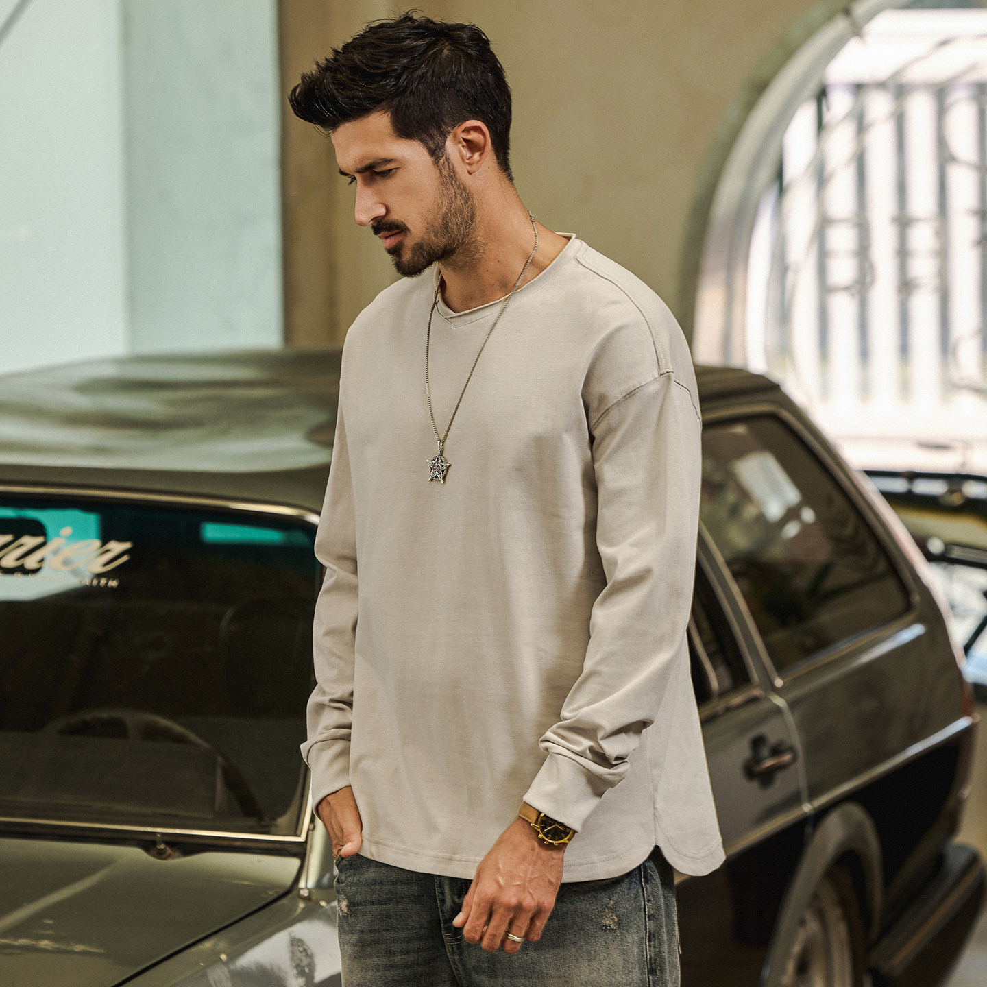 美式復古重磅270g【桃心領】長袖T恤男春季2026新款領打底衫