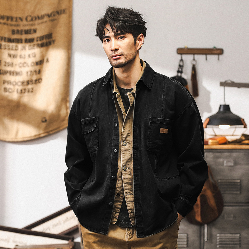 美式復古卡其色工裝襯衫男長袖秋季寬鬆水洗硬漢獵裝夾克男款外套