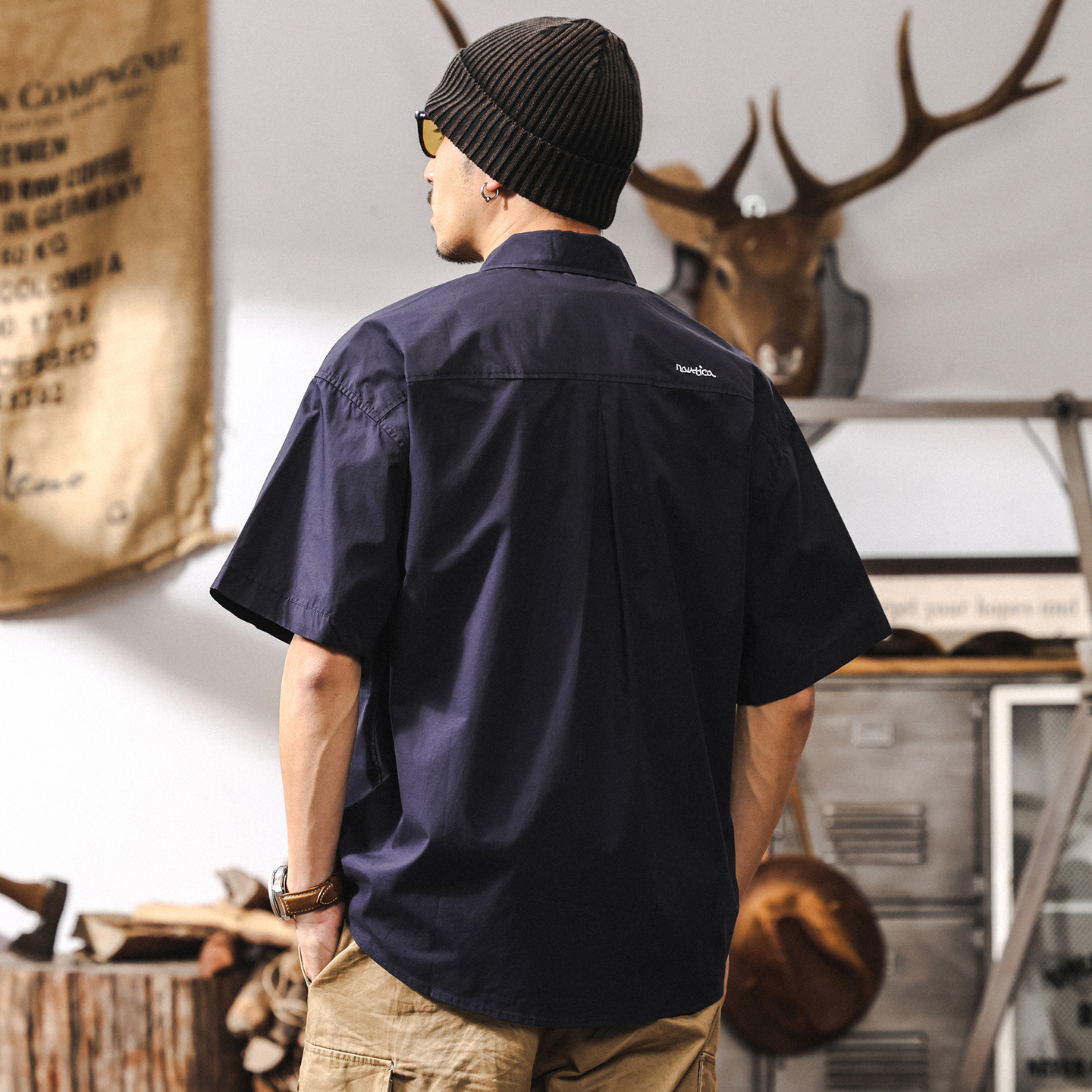 美式復古男士短袖襯衫夏季新款長絨棉寬鬆日系簡約襯衣外套男