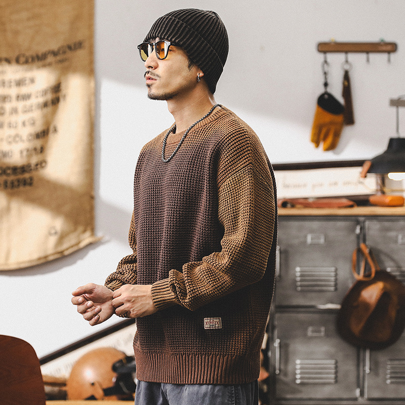 美式復古重磅毛衣男寬鬆潮牌撞色秋冬款美拉德慵懶風針織衫外套男