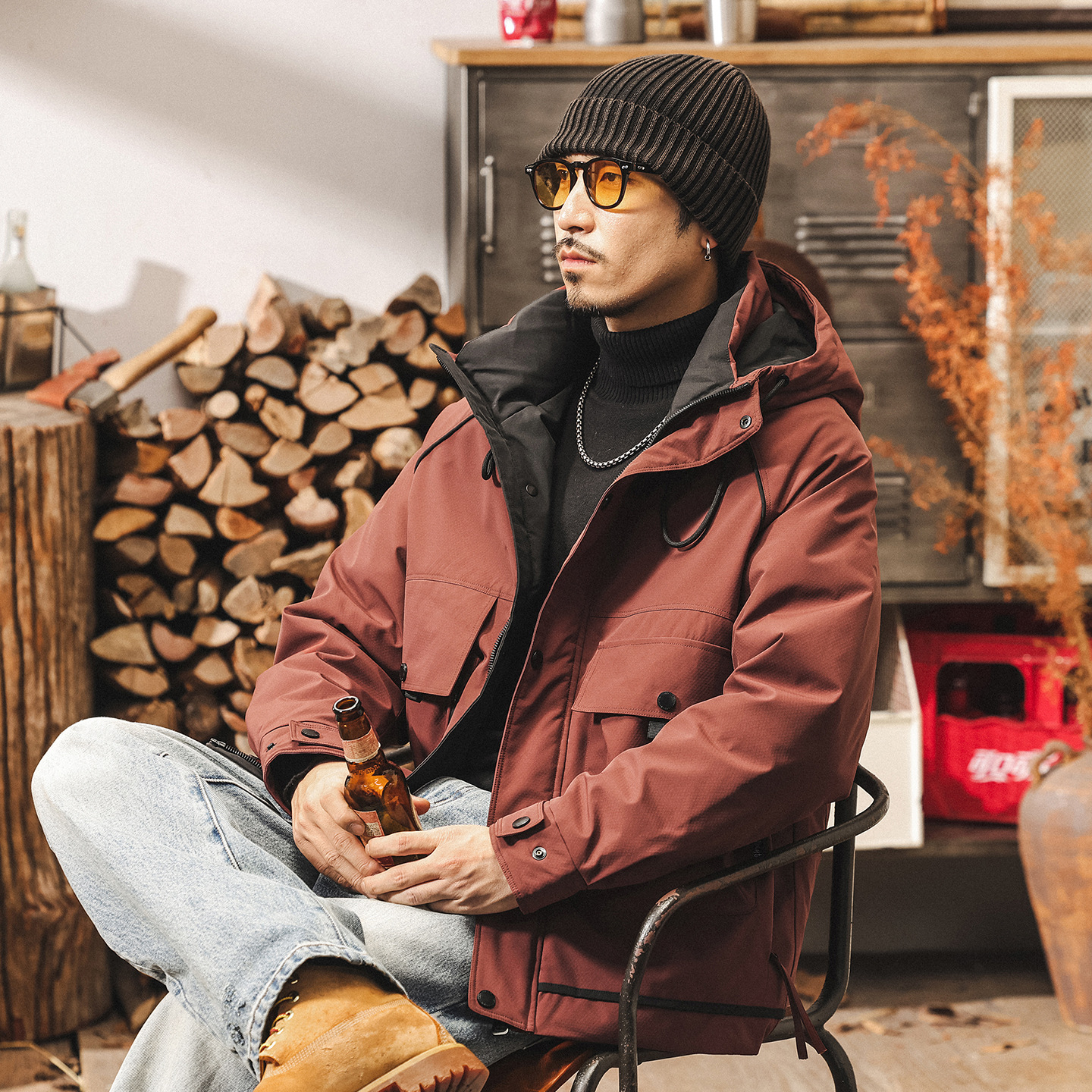 美式復古高充絨工裝羽絨服男冬季戶外加厚禦寒保暖派克服連帽外套