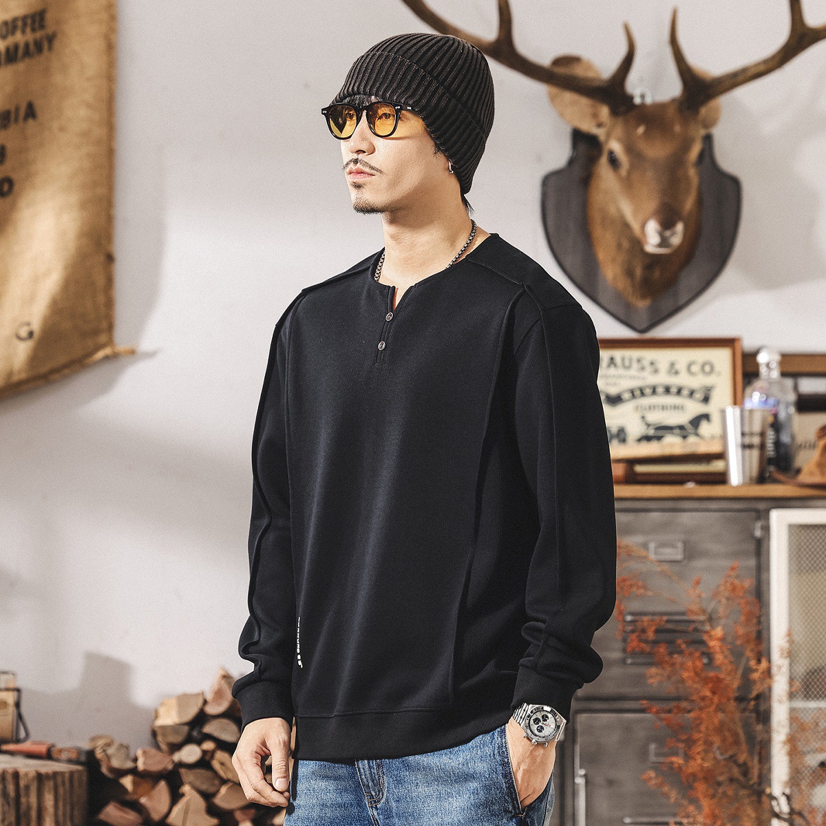 美式復古重磅亨利領衛衣男春秋款潮牌寬鬆男士polo衫長袖寬鬆上衣