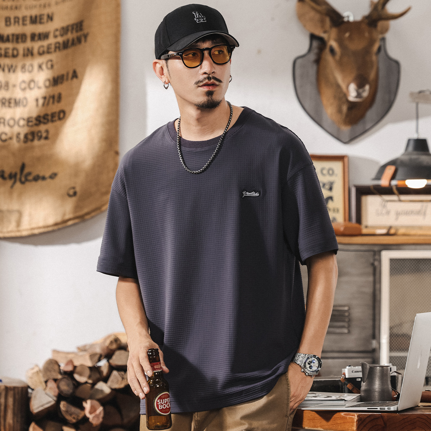 薄款軟糯冰絲T恤男士短袖夏季新款華夫格速幹寬鬆大碼美式體恤潮