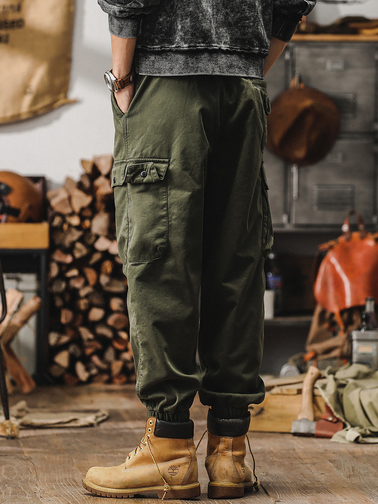 男士春季褲子潮牌2024新款軍綠色工裝褲男寬鬆直筒束腳男士休閒褲