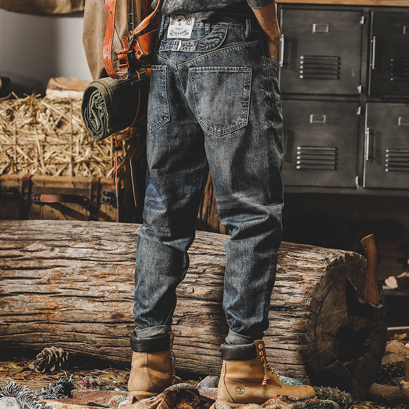 美式重磅巴黎扣經典復古牛仔褲男直筒寬鬆秋季潮牌石磨男士休閒褲
