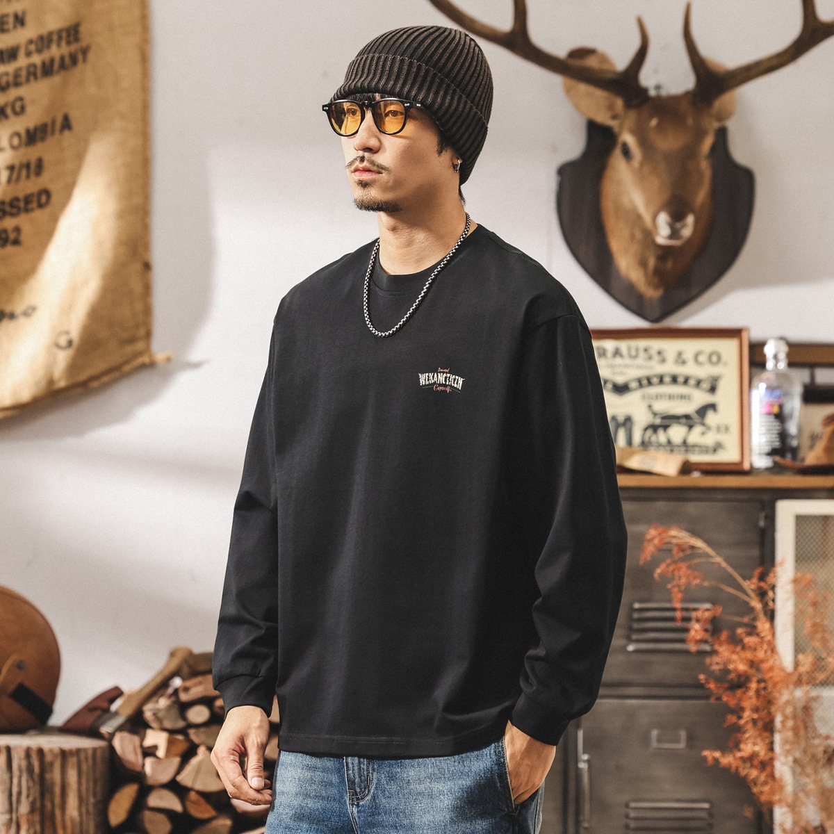 美式山系戶外長袖t恤男2025新款潮流300g重磅寬鬆大碼秋季上衣男T