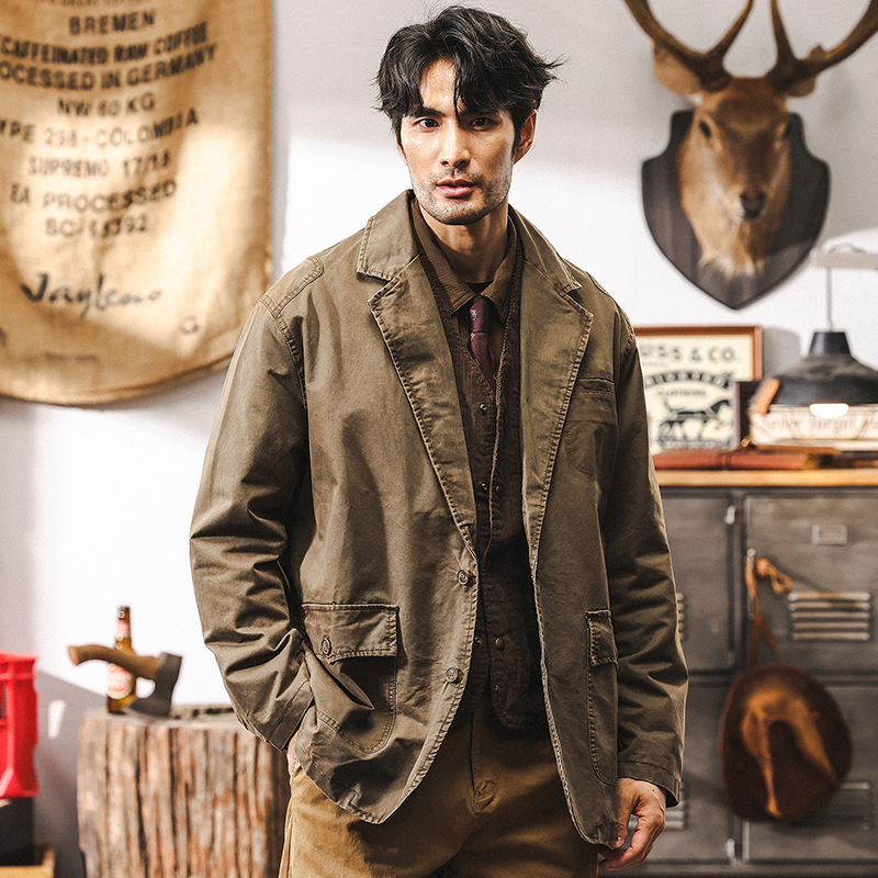 美式復古阿美咔嘰休閒西裝外套男秋冬款潮牌英倫老錢風古著西服男