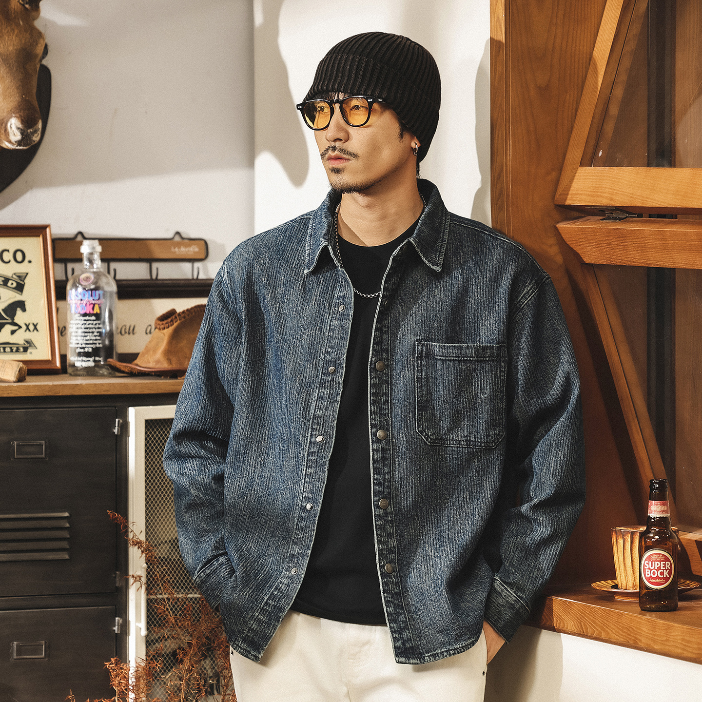 美式復古提花條紋牛仔外套男春秋新款襯衫男長袖潮牌寬鬆休閒襯衣