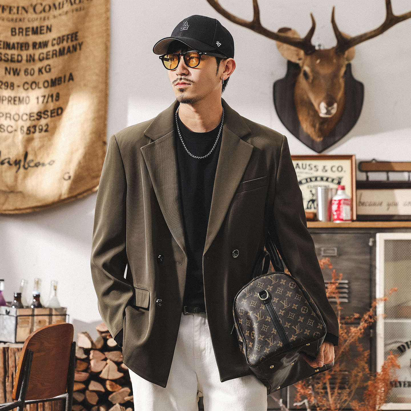 美式復古平駁領通勤休閒西裝外套男士2025新款潮流英倫紳士西服男