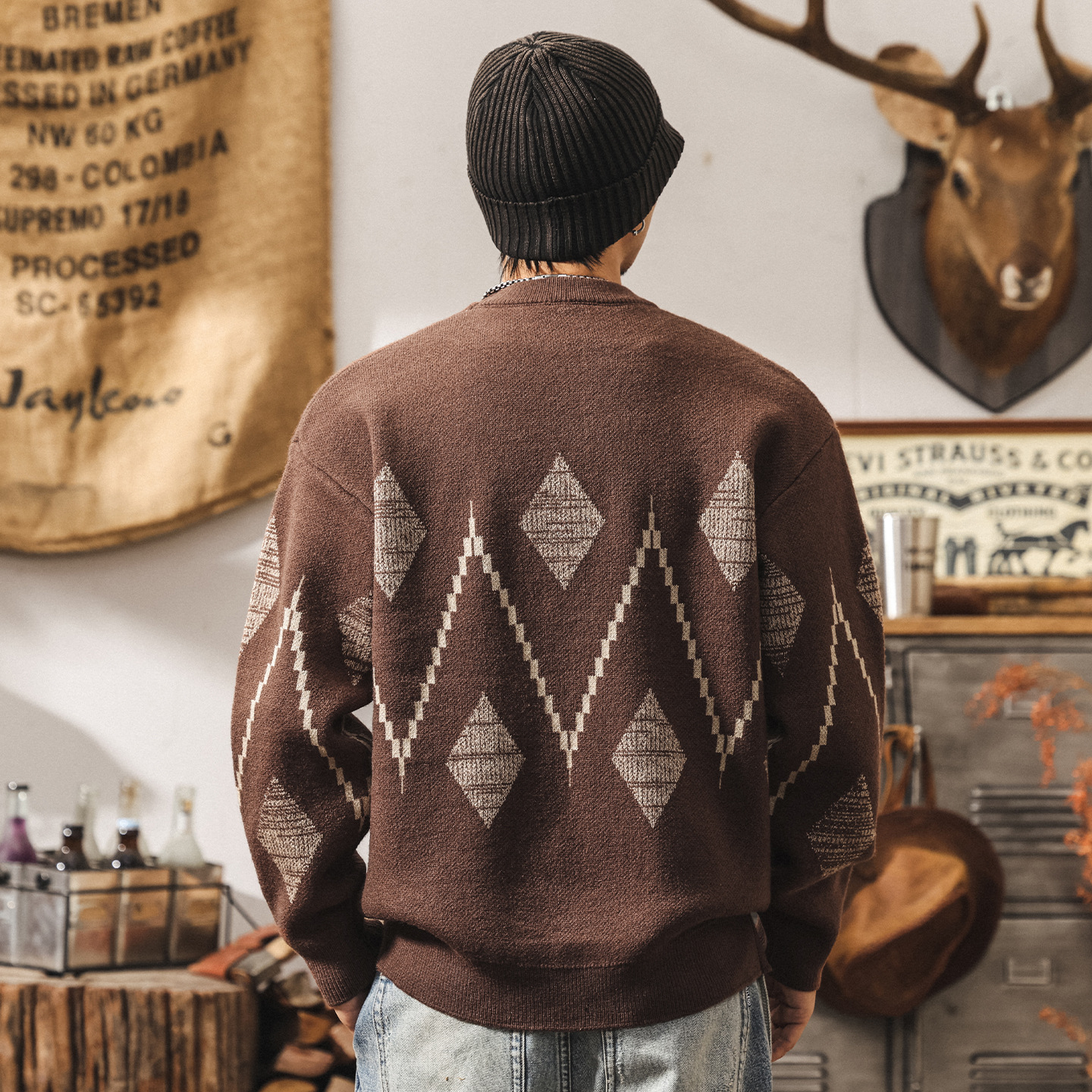 美式復古費爾島男士毛衣冬季加厚新款潮流民族風圓領針織衫上衣男