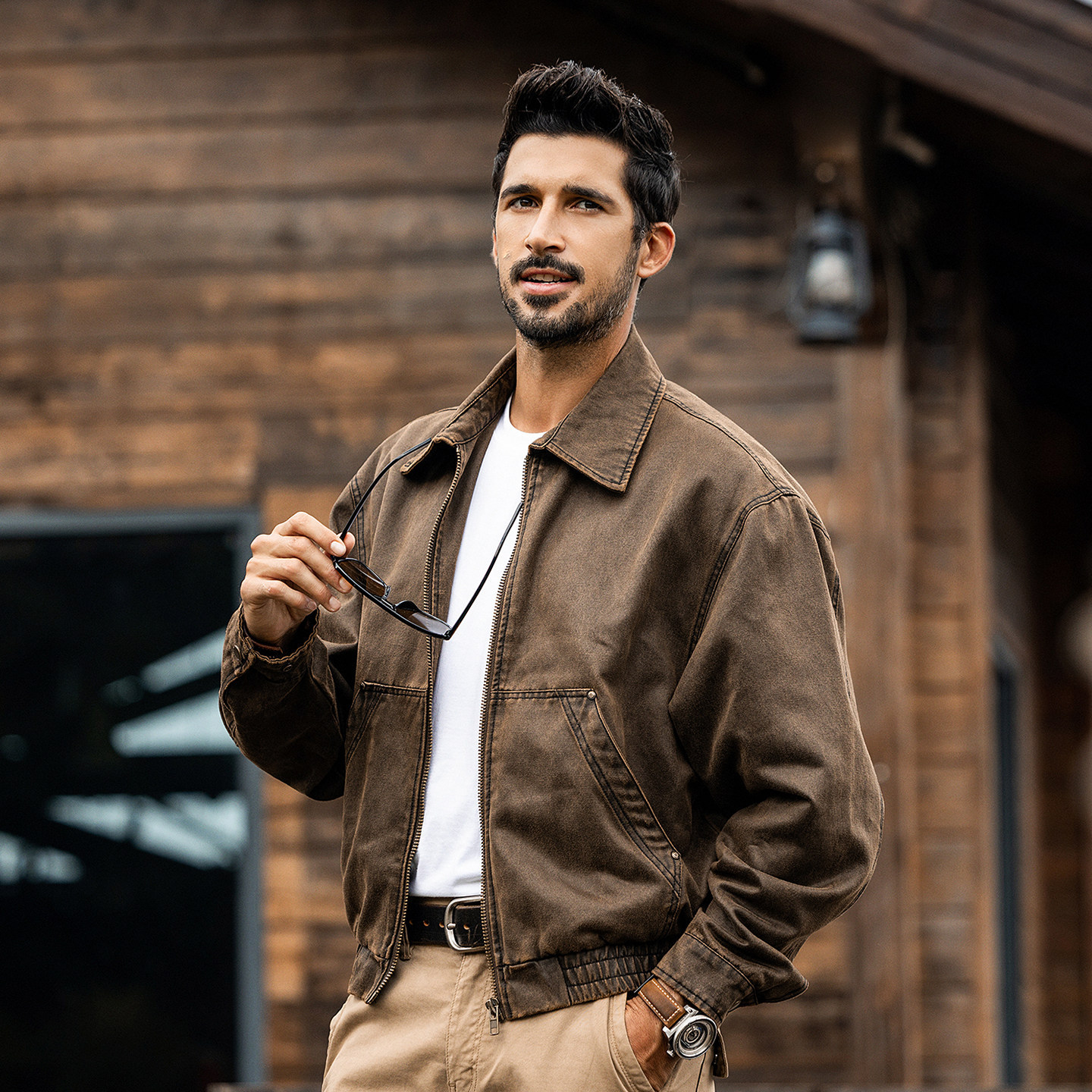 美拉德復古油蠟皮夾克男春季新款潮牌老炮工裝硬漢美式獵裝外套男