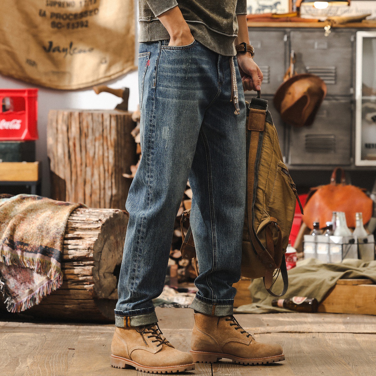 美式復古做舊水洗牛仔褲男款夏季寬鬆直筒褲子男潮牌錐形休閒長褲