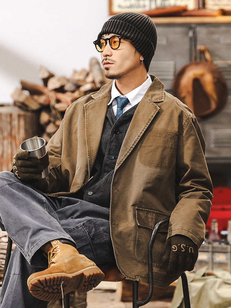 美式復古休閒西裝美拉德外套男春季潮牌2025新款做舊水洗工裝西服