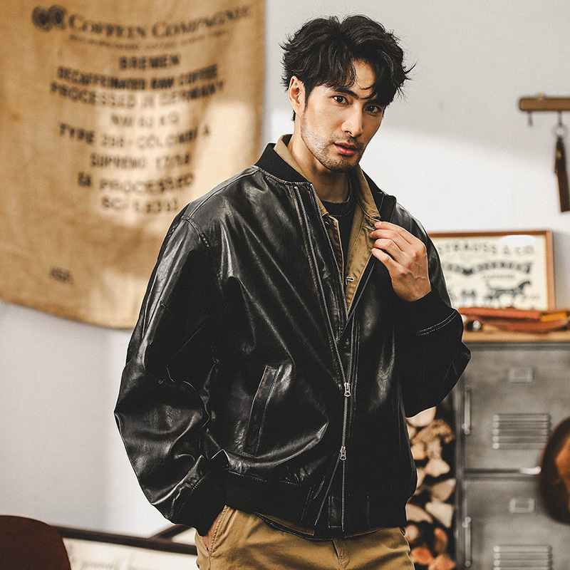 美式復古做舊機車皮衣外套男寬鬆秋季潮牌硬漢潮流飛行員夾克男款