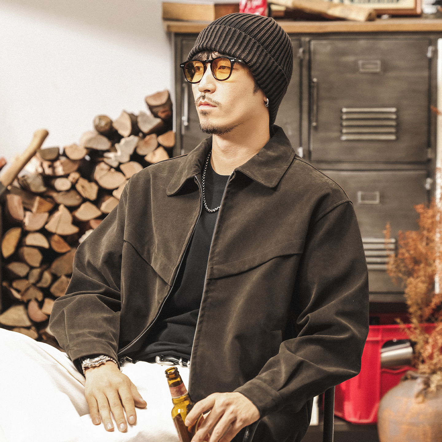 美拉德復古工裝外套男秋春2025新款潮牌潮流帥氣寬鬆反絨皮夾克男