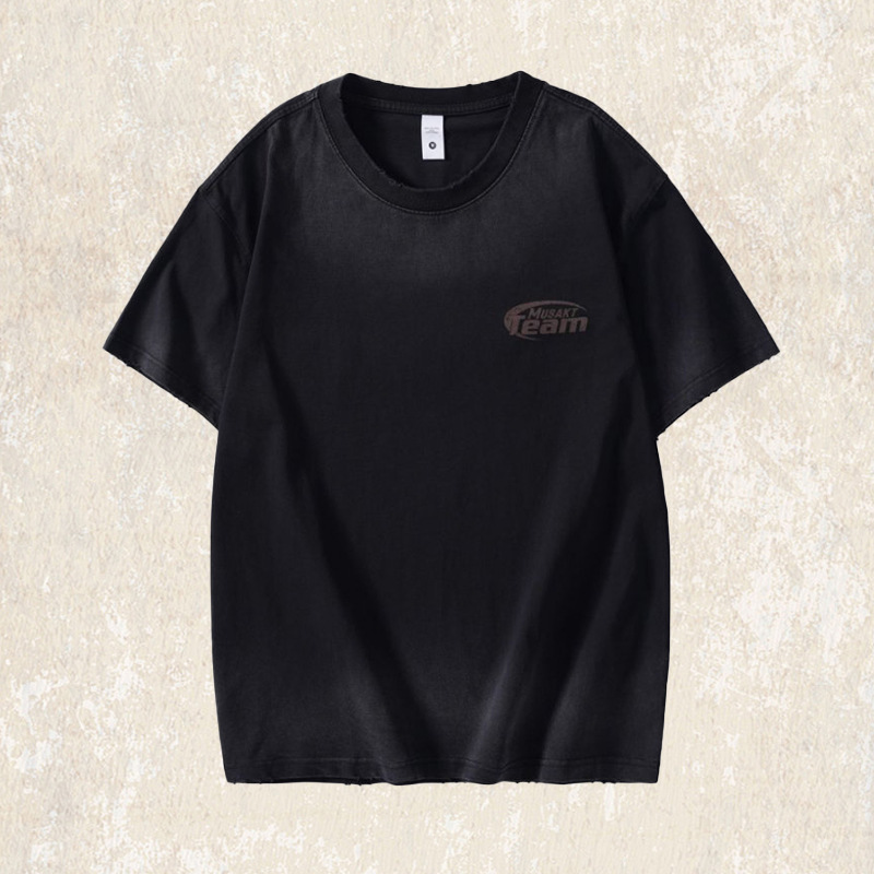 美式髒染水洗T恤男重磅夏季短袖潮牌龜裂印花寬鬆半袖上衣男