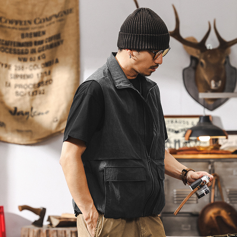 萊賽爾天絲薄款馬甲男士春季2025新款潮牌復古巴能風工裝夾克外套