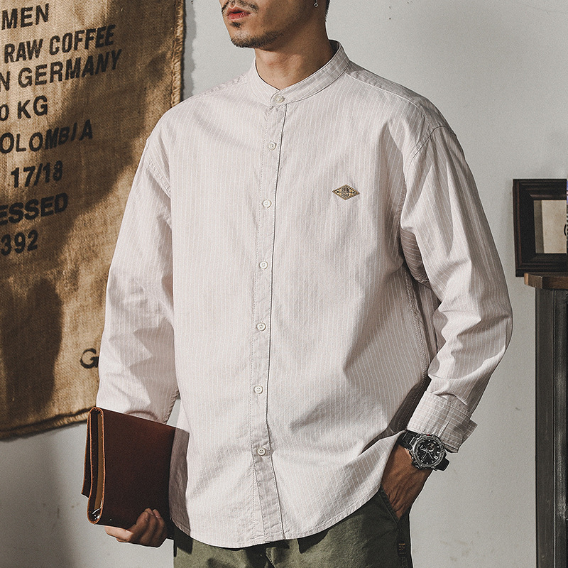 杰雷諾美式經典復古立領條紋襯衫男長袖寬鬆潮牌襯衣外套男春秋款