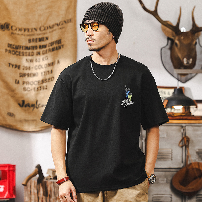 立體漿印40支涼感T恤男2025新款美式復古短袖男夏季寬鬆男士上衣