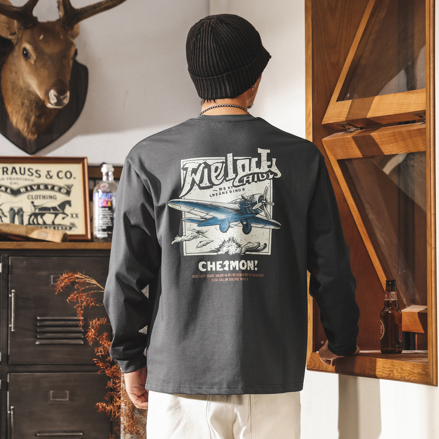 美式復古重磅長袖t恤男寬鬆大碼秋季男裝潮牌漫畫印花男生上衣潮T