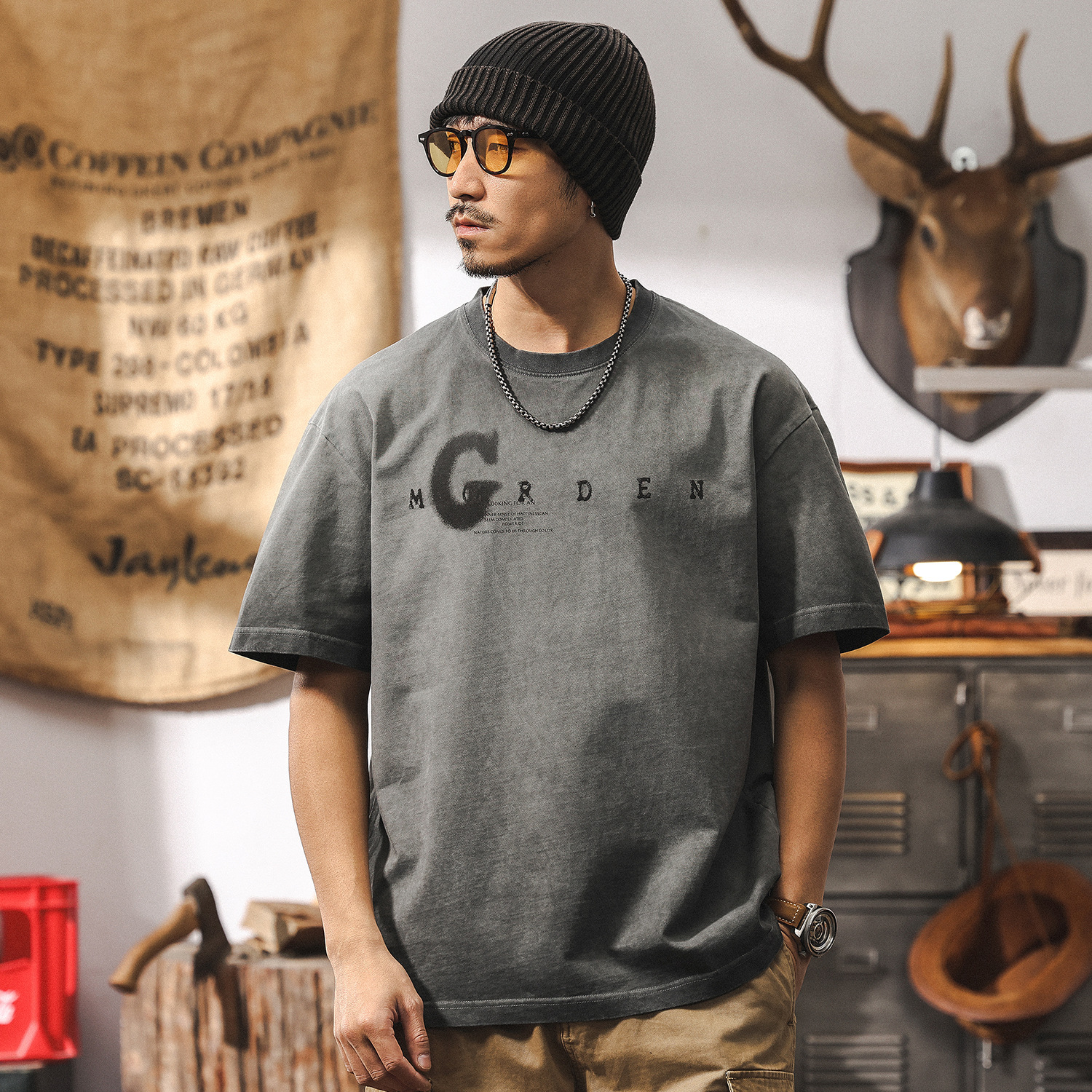 阿蘇特洗褪炒色短袖T恤男夏季美式復古臟染做舊水洗寬鬆休閒上衣T