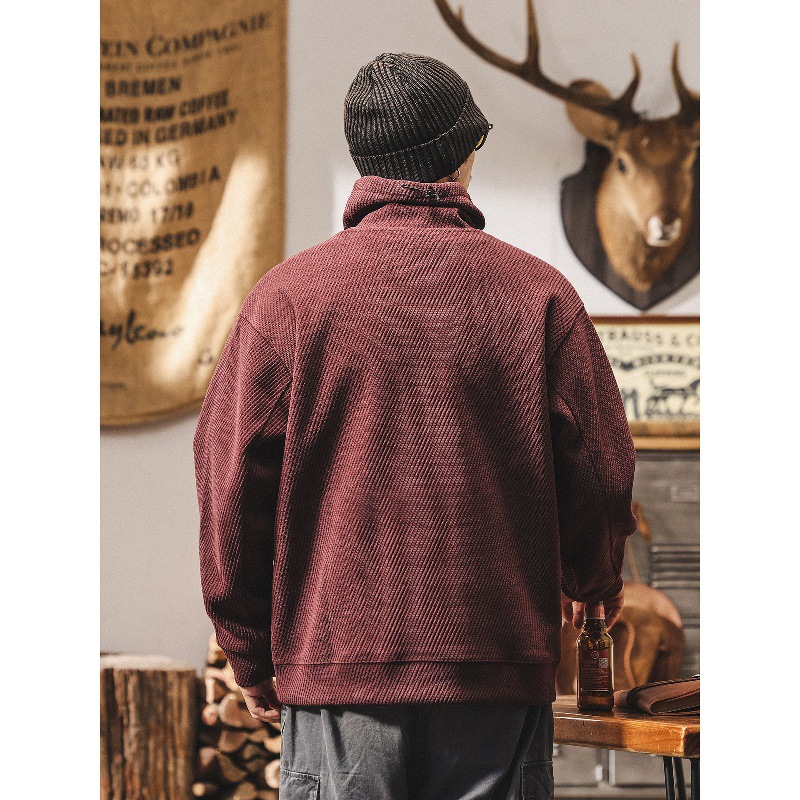 美式復古550g重磅高領衛衣男秋冬新款寬鬆保暖棗紅色男士秋季上衣