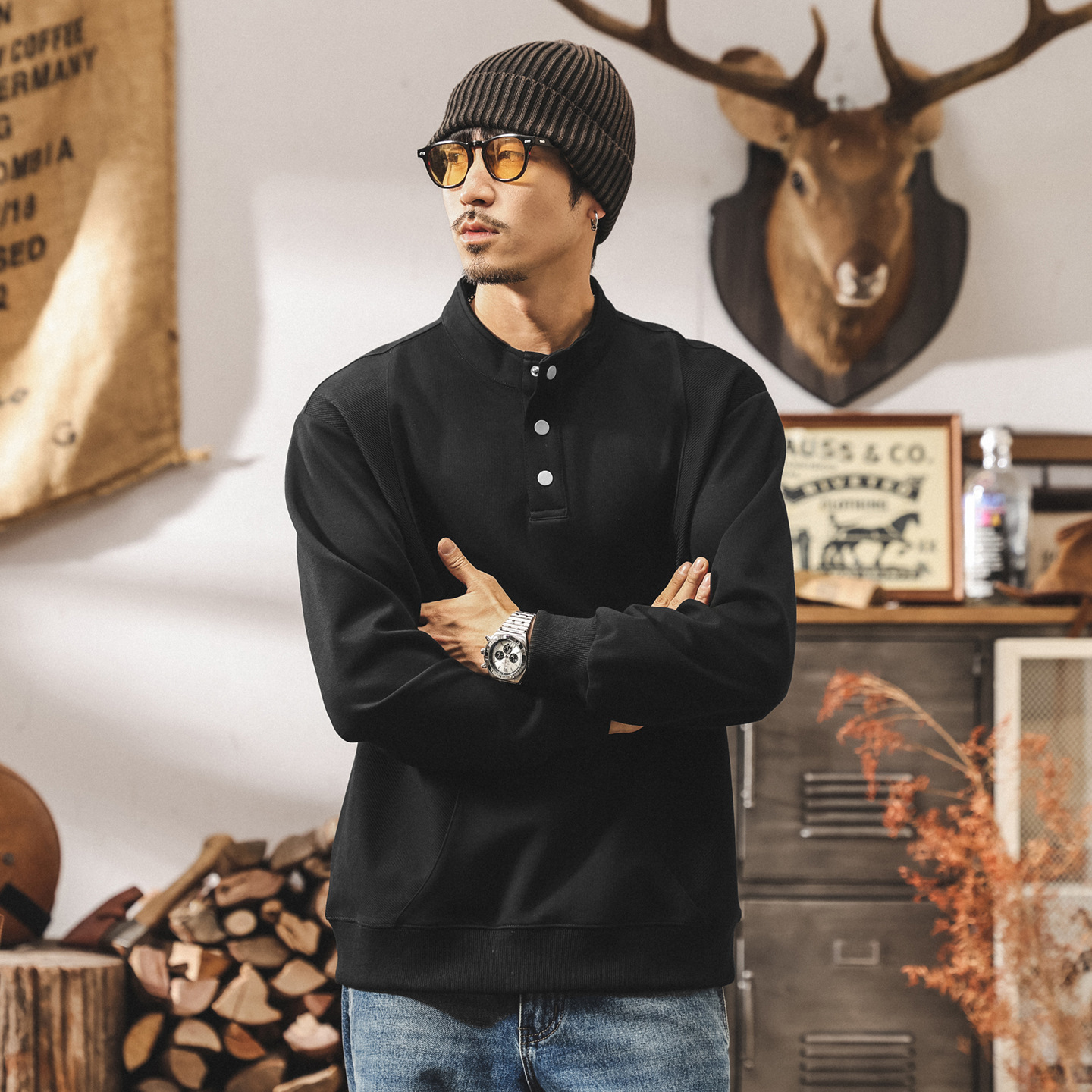 美式復古黑色亨利領衛衣男春秋新款長袖Polo衫立領寬鬆休閒上衣男