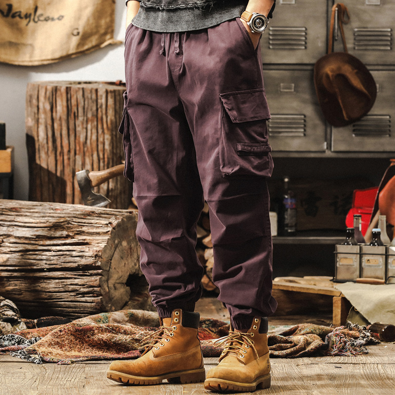 美式復古卡其色工裝褲子男秋季重磅寬鬆休閒褲硬漢獵裝機能束腳褲
