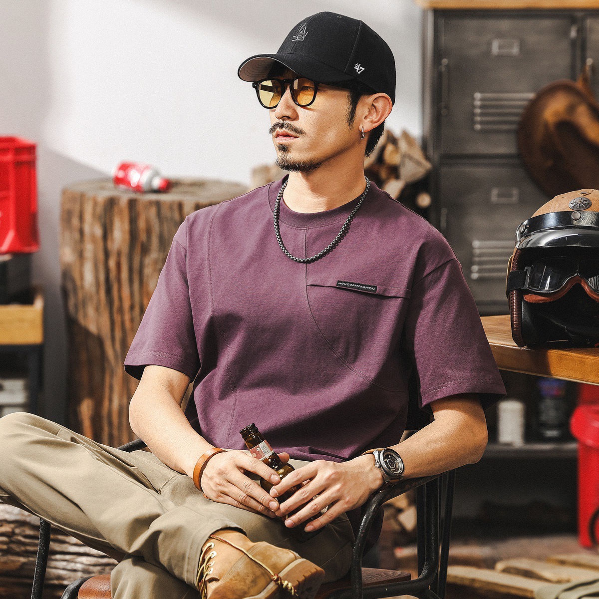 美式復古拼接涼感T恤短袖男款2025夏季新款寬鬆大碼休閒男士上衣T