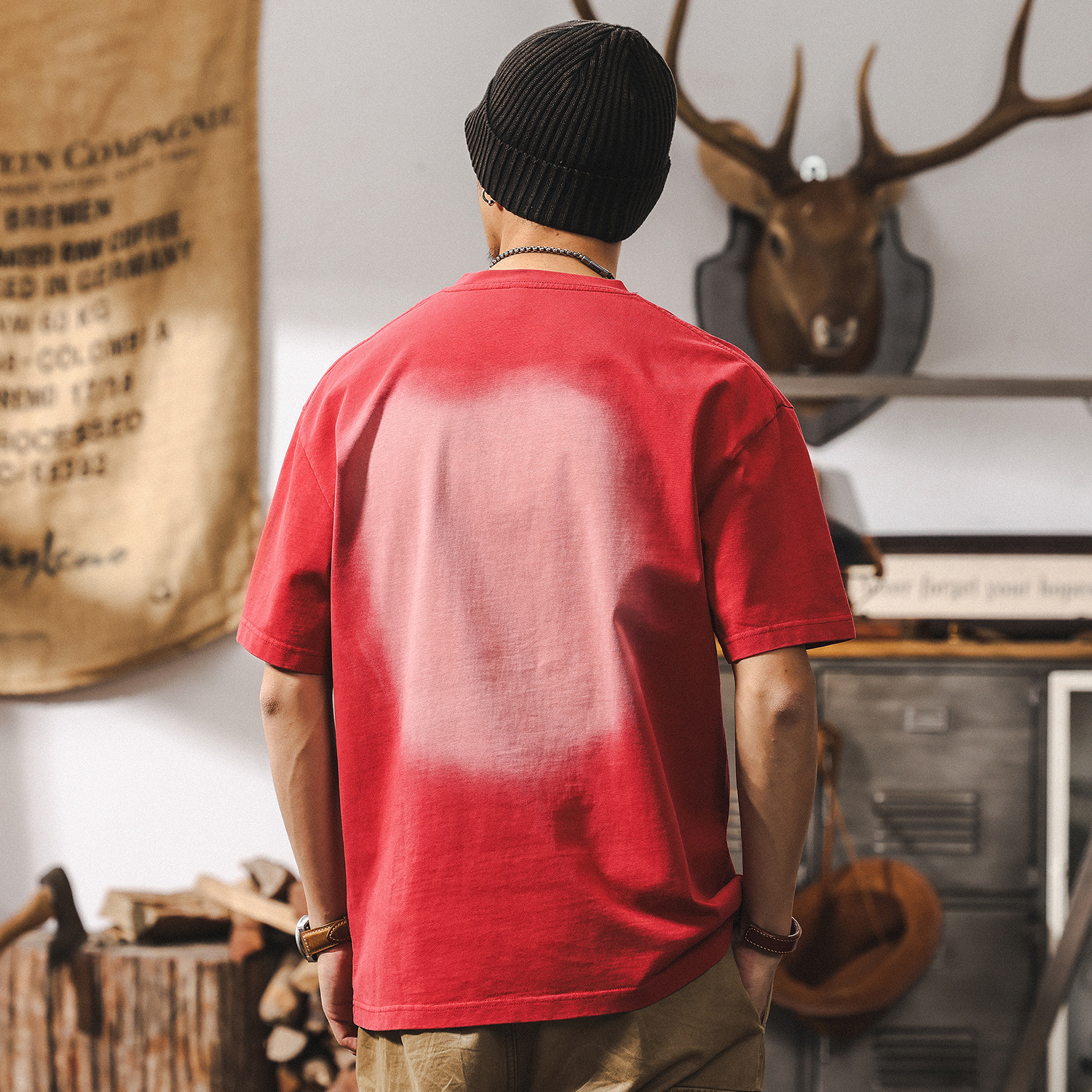 美式復古漸變水洗設計感短袖T恤男夏季時尚潮流寬鬆休閒男士上衣T