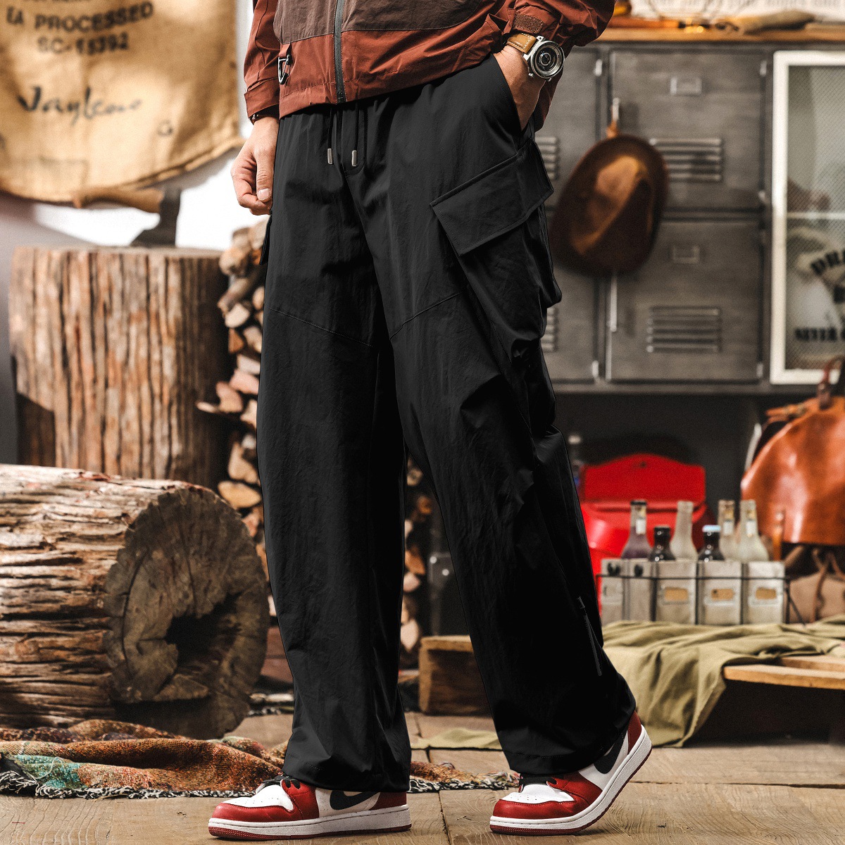 冰絲速幹長褲男士休閒褲寬鬆潮牌工裝褲子男夏季美式戶外傘兵褲男