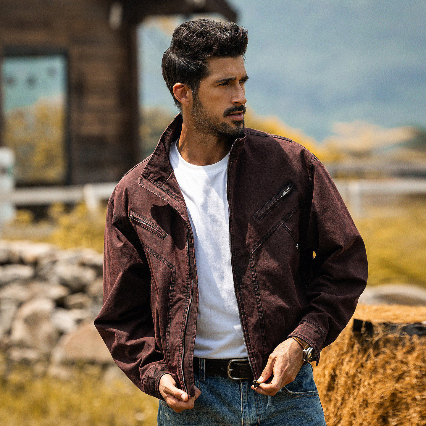 美式復古工裝夾克男春季新款寬鬆水洗勃艮第紅老錢風短款男士外套