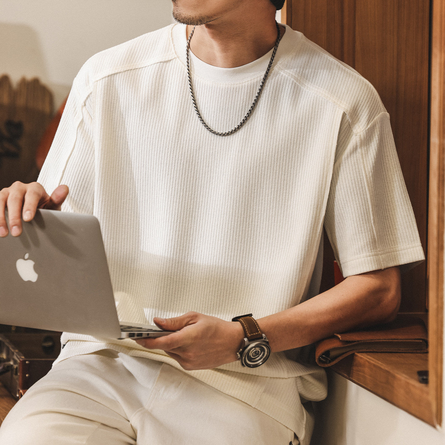 美式復古針織條紋短袖T恤男士夏季新款簡約潮牌肌理寬鬆男士上衣