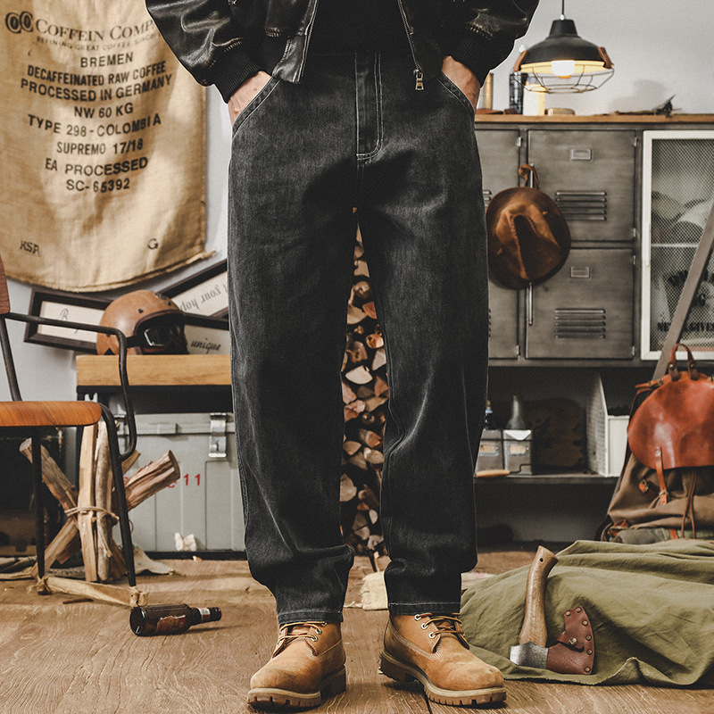 美式重磅石磨炒洗複古牛仔褲男秋季寬松直筒2024新款休閑長褲子男