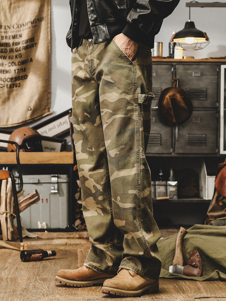 美式複古迷彩牛仔褲男秋季直筒痞帥潮流工裝褲子男戶外寬松休閑褲