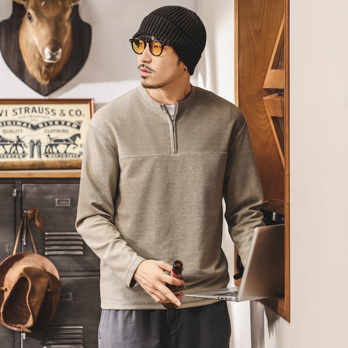 美式復古半拉鍊男士polo衫長袖男秋季320g重磅T恤男寬鬆休閒上衣